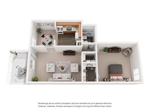 Floor plan for 1 bed, 1 bath, 678 sqft